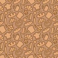 Bakery seamless pattern consisting of food and baking accessories line style brown color vector