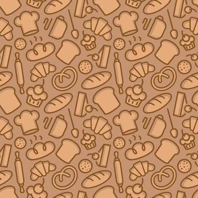 Bakery seamless pattern consisting of food and baking accessories line style brown color