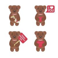 Valentine bear set with flowers and lovely letter, heart, sign i love you and congratulation Happy Valentine's day for use greeting card, stamps, label, posters and romantic quote. Vector Illustration