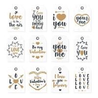 Happy Valentine's day label set with lovely lettering typography congratulations gold style on white background. Vector Illustration