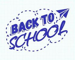 Back to school emblem cyan color consisting of paper plane on checkered background. vector