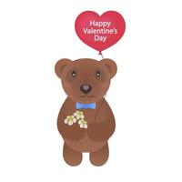 Valentine bear with flowers and red balloon with sign Happy Valentines Day for use greeting card, stamps, label, posters and romantic quote. Vector Illustration