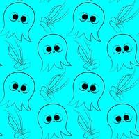 Seamless vector pattern with outline octopus and seaweed