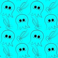 Seamless vector pattern with outline octopus and seaweed