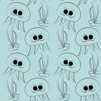 Seamless vector pattern with outline jellyfish and seaweed