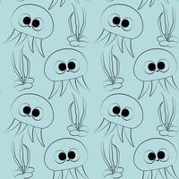 Seamless vector pattern with outline jellyfish and seaweed