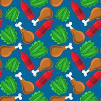 Seamless pattern with fried chicken, salad and ketchup