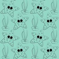 Seamless vector pattern with outline starfish and seaweed