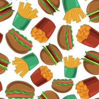 patrón impecable con papas fritas, pepitas, hamburguesas y perritos calientes vector