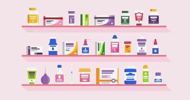 Pharmacy shelves with bottles vitamins vector