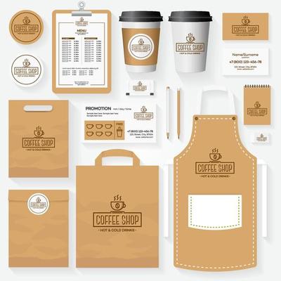 Coffee shop corporate identity template set with cup of coffee logo.