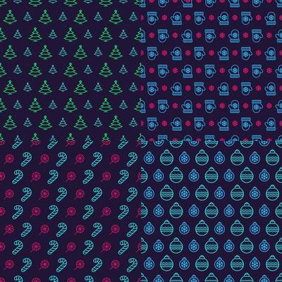 Christmas pattern neon style with tree, mitten, candy, ball for greeting cards