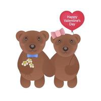 Valentine bears with red balloon with sign Happy Valentines Day and flowers in hand for use greeting card, stamps, label, posters and romantic quote. Vector Illustration