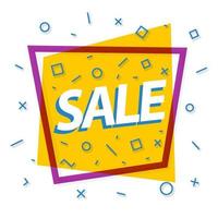 Sale banner yellow color with purple frame and different shapes for promotion, black friday vector