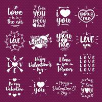 Happy Valentine's day label set with lettering typography wish isolated on heart background for use greeting card, stamps, posters and romantic quote. Vector typography congratulations collection