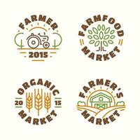 Farm food market and organic emblem set color line style for farming, natural product company vector