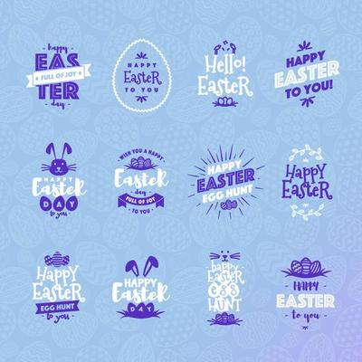 Easter emblem set white blue color isolated on background typography style