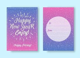 Christmas greeting card set with white emblem consisting sign Happy New Year and sunburst vector