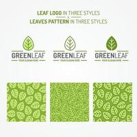 Green leaf set consisting of logo and leaves pattern three styles vector