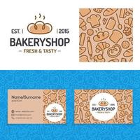 Bakery shop set with baking pattern, card and logo consisting of bread vector