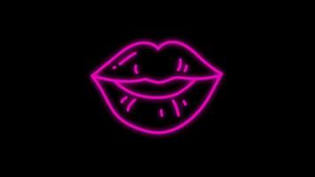 Animation pink neon light mouth shape on black background. video