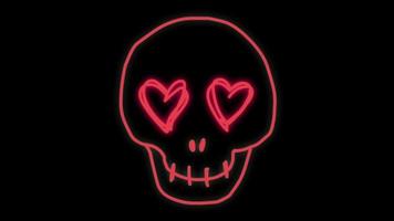 Animation red neon light skull shape on black background. video