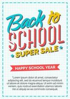 Back to school card with color label consisting of sign super sale and happy school year on red ribbon