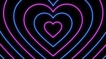 animación forma de corazones de luz de neón rosa sobre fondo negro. video