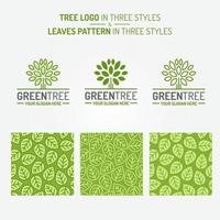 Green tree set consisting of logo and leaves pattern three styles vector