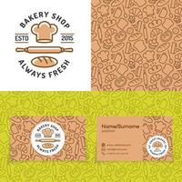 Bakery shop set with logo consisting of chefs hat, rolling pin and loaf, seamless pattern and cards