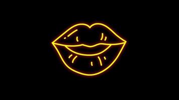 Animation yellow neon light mouth shape on black background. video