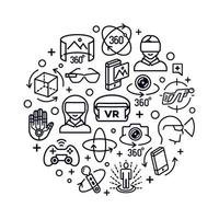 concepto de realidad virtual con iconos de color negro estilo de línea de pensamiento aislado sobre fondo blanco. 360 grados, panorama, icono de casco de realidad virtual. ilustración vectorial vector