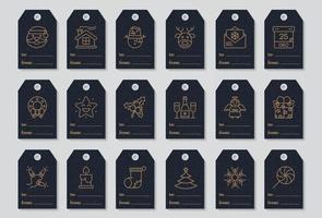 Christmas tags set gold color style with santa, snowman, wreath, deer, calender, gift vector