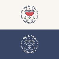 El logotipo de barbacoa y parrilla establece el color y el estilo de línea con carne fresca para la fiesta de barbacoa, emblema de barbacoa vector
