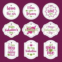 Happy Valentine's day label set with lettering typography wish isolated on heart background for use greeting card, stamps, posters and romantic quote. Vector typography element collection