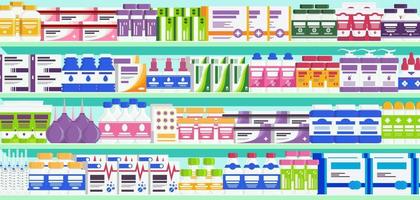 estantes de farmacia con medicamentos vector