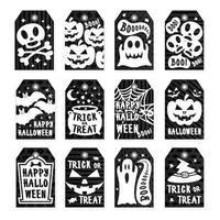 etiquetas de feliz halloween en color blanco sobre fondo negro con calavera, calabaza, araña, murciélago vector