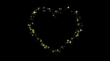 Animation yellow light sparkles heart shape on black background. video