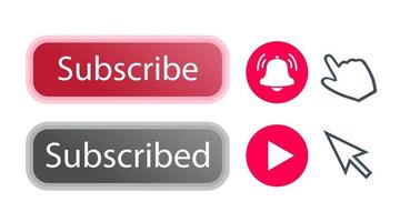 Subscribe red button set with notification bell, hand cursor vector
