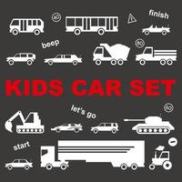 juego de coches para niños de color blanco aislado en fondo negro para patrón, juego vector