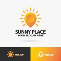 el logotipo del lugar soleado establece un estilo colorido que consiste en un pin y un sol de verano para la compañía de viajes vector