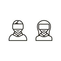 conjunto de iconos niño y niña con casco de realidad virtual estilo de línea delgada aislado sobre fondo blanco. ilustración vectorial vector