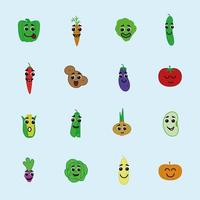 vector happy vegetable icon set with eyes and smile flat style