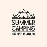 Summer camping card with landscape consisting of mountains, trees, tent, campfire and table vector