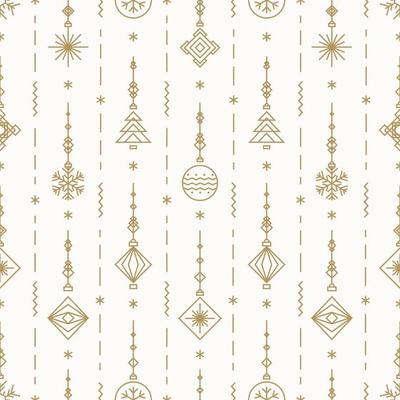 Christmas pattern with new years toy gold color consisting of xmas tree, ball, snowflake
