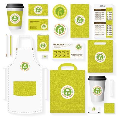 Vegan cafe corporate identity template set with logo