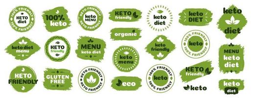 Keto friendly diet nutrition vector badge set on green organic texture