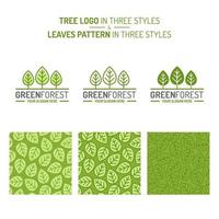 Green forest set consisting of tree logo and leaves pattern three styles vector