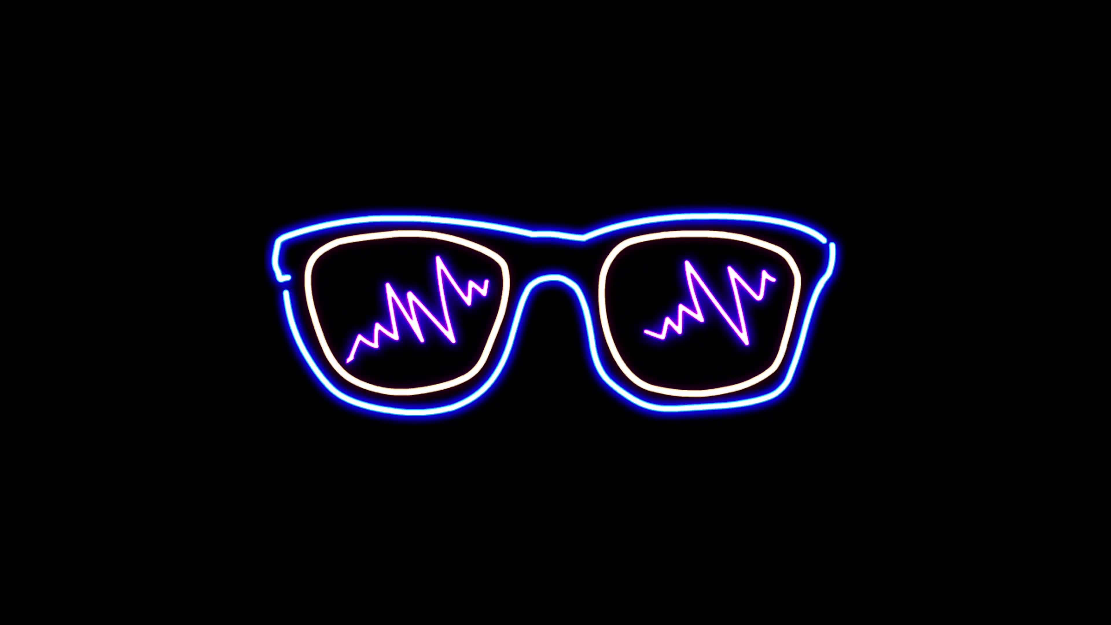 Animation blue neon light glasses shape on black background. 7656361
