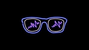 Animation blue neon light glasses shape on black background. video